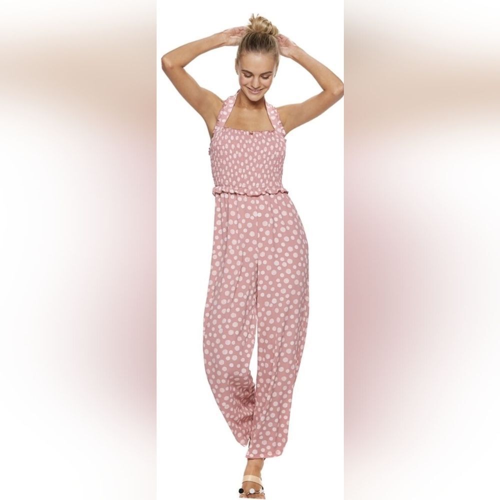 Candies Smooked Polka Dot‎ Halter Jumpsuit - Pink